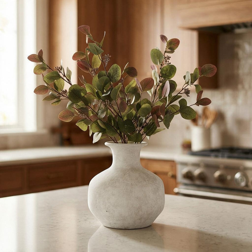 darcy stone low grey squat vase with autumn brown eucalyp…